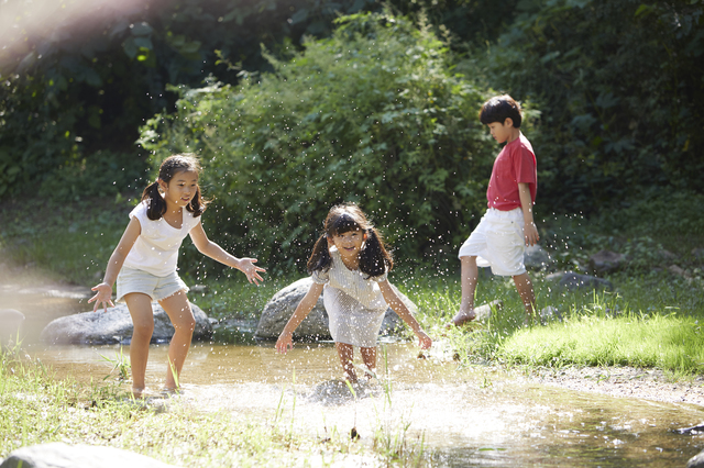 子供達が川で遊んでいる
